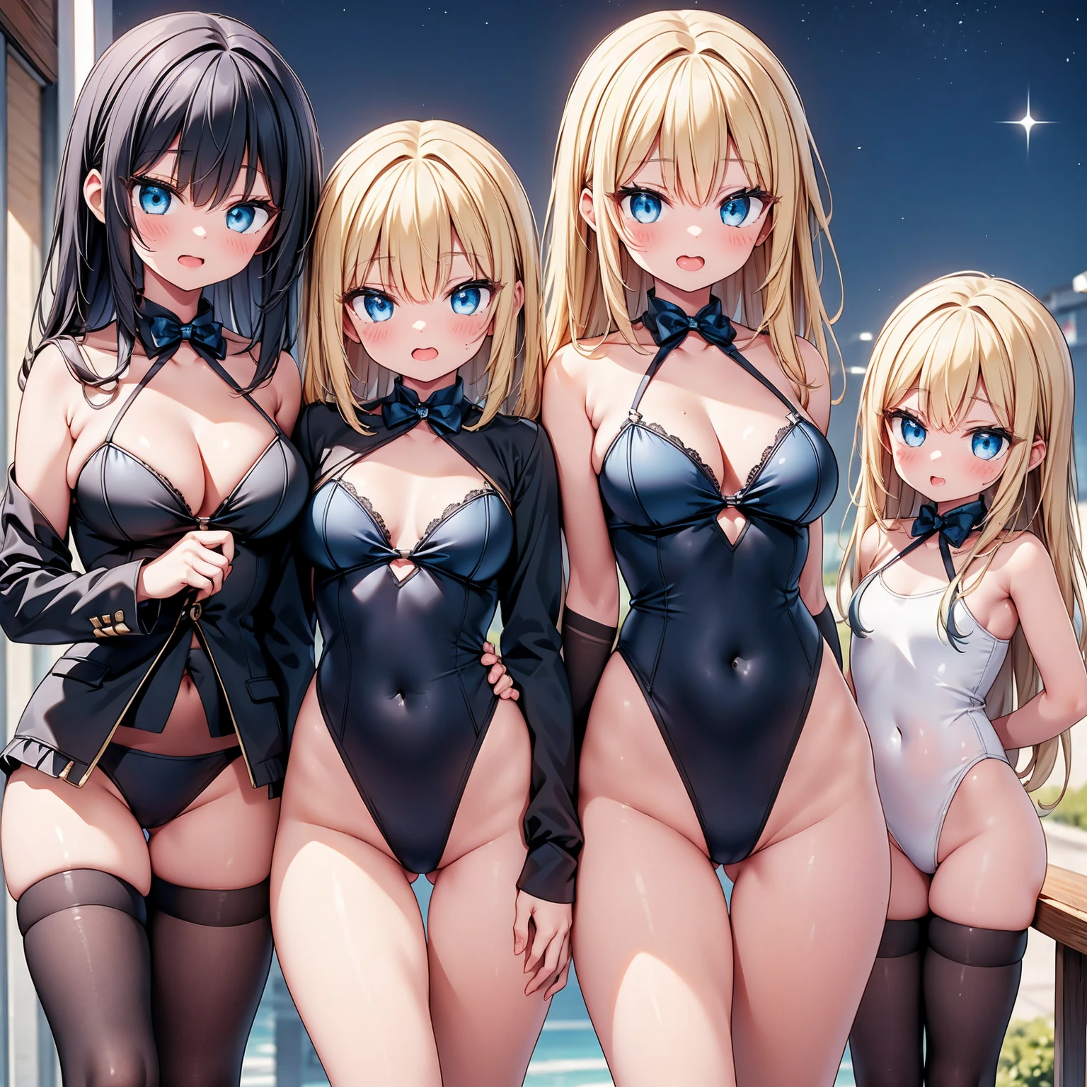 (cute eyes:1.2), (sparkling eyes:1.2), highest quality,wonderful,finely,extremely detailed CG Unity 8K wallpaper, (Stand in line:1.2), (3 girls, cute eyes, highleg swimsuit , clothed), (midium breasts), (open mouth:1.1), (long tongue:1.1), (mouth drool:1.1), (black stockings:1.1),(Thighs:1.1),(Waistline:1.1)
