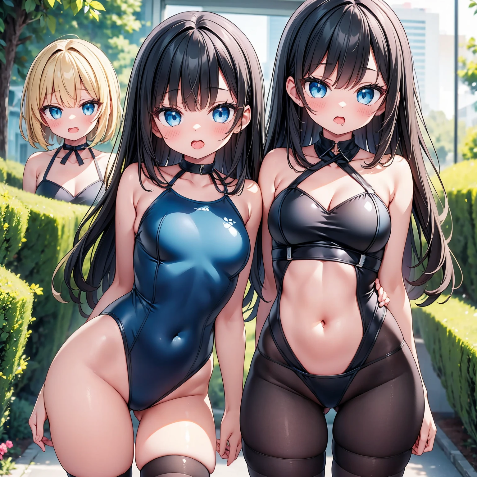 (cute eyes:1.2), (sparkling eyes:1.2), highest quality,wonderful,finely,extremely detailed CG Unity 8K wallpaper, (Stand in line:1.2), (3 girls, cute eyes, highleg swimsuit , clothed), (midium breasts), (open mouth:1.1), (long tongue:1.1), (mouth drool:1.1), (black stockings:1.1),(Thighs:1.1),(Waistline:1.1)