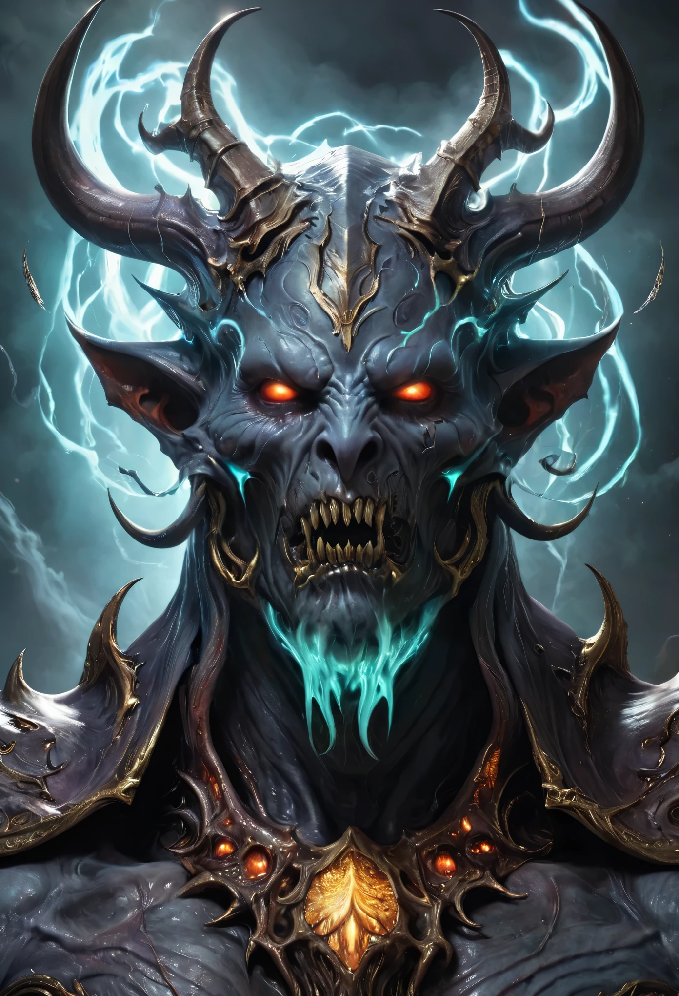 (best quality,4k,8k,highres,masterpiece:1.2),ultra-detailed,realistic,photorealistic:1.37,a close up of a demonic creature with a large head and horns, demon lord, demonic creature, demonic parasite, demonic monster, unholy abomination, fat ripped satanic creature, eldritch abomination, known as voryn dagoth in life, lich vecna (d&d), diablo concept art, eldritch god, fit male demon with white horns, (bioluminescence:1.4)