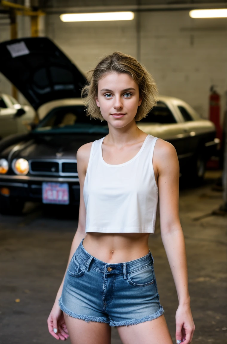Photograph of a 20yo female mechanic, white tank top, denim shorts, casual pose, standing, tight outfit, short messy hair, midriff, seductive, mechanical workshop in background, classic car, oil smears, dirty