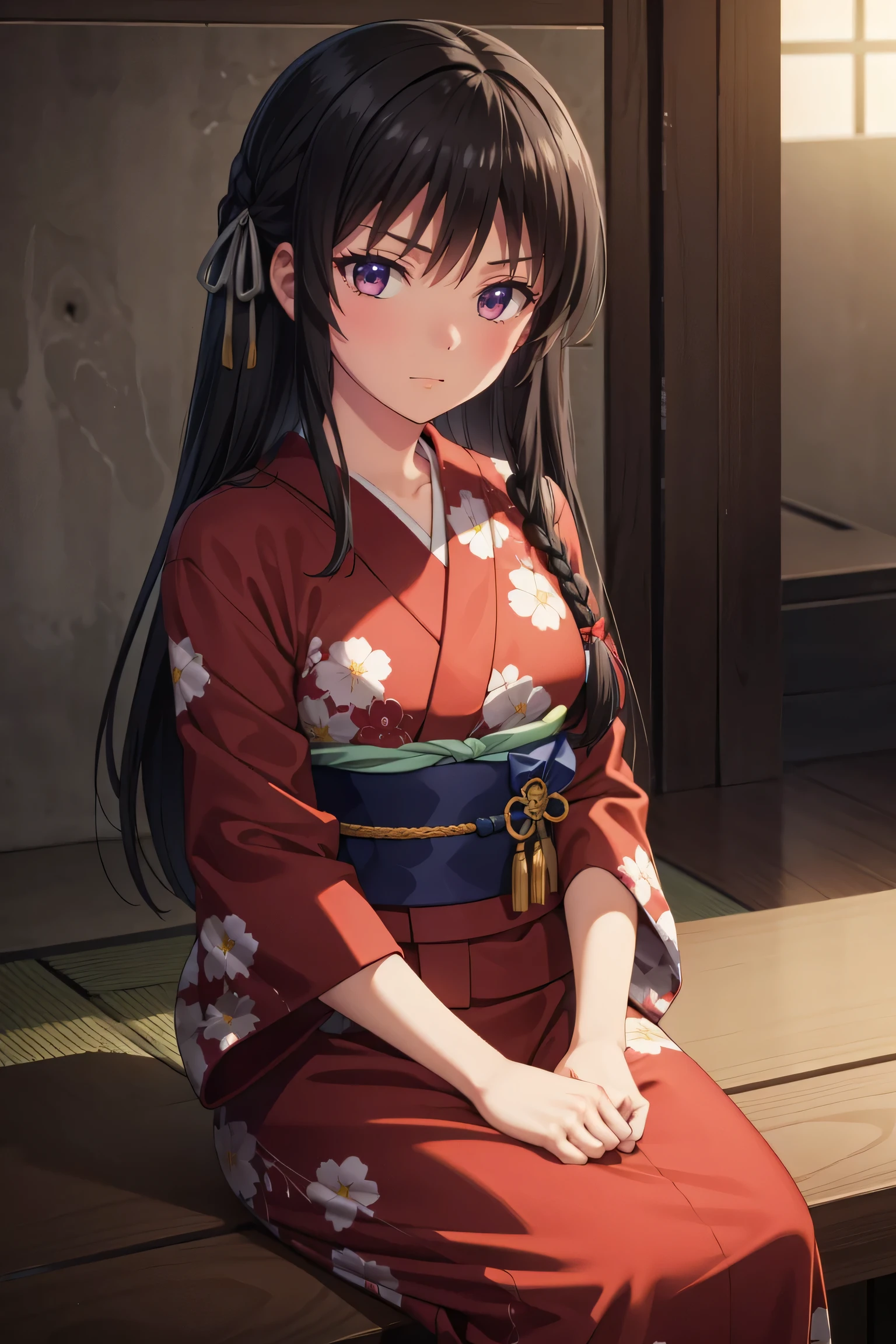 suzune horikita, long hair, black hair, (red eyes:1.3), hair ribbon, braid,
BREAK Japanese kimono yukata
BREAK park night,sitting,cowboy shot,
BREAK looking at viewer,
BREAK (masterpiece:1.2), best quality, high resolution, unity 8k wallpaper, extremely detailed face,(perfect hands, perfect anatomy),