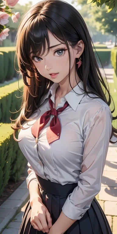 (masutepiece:1.4), ((Best Quality)), (Ultra-detailed), ((kawaii)), (Cute), (Upper body), (colouring), ((Extremely detailed)), 4K, (8K), Best Quality, (Beautiful), Illustration, Anime style, Dynamic Angle, shooting pose, Shake your chest, (from wildcard:1.4), heavy outline, clear outlines, Gradation, (full body focus), (English Garden), ,1girl in, (School Uniforms), Solo, (DarkBrown hair),(Beautiful colored eyes),slightly wheat-colored skin,(large ),Open mouth, Sweat, steam, sparkling effect, Lens Flare, shiny-glistening, gleaming