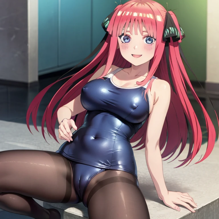 best quality, ultra-detailed masterpiece, anime art style, cute characters, nino nakano, one-piece swimsuit, large breasts, pantyhose, blush, smile, pussy focus