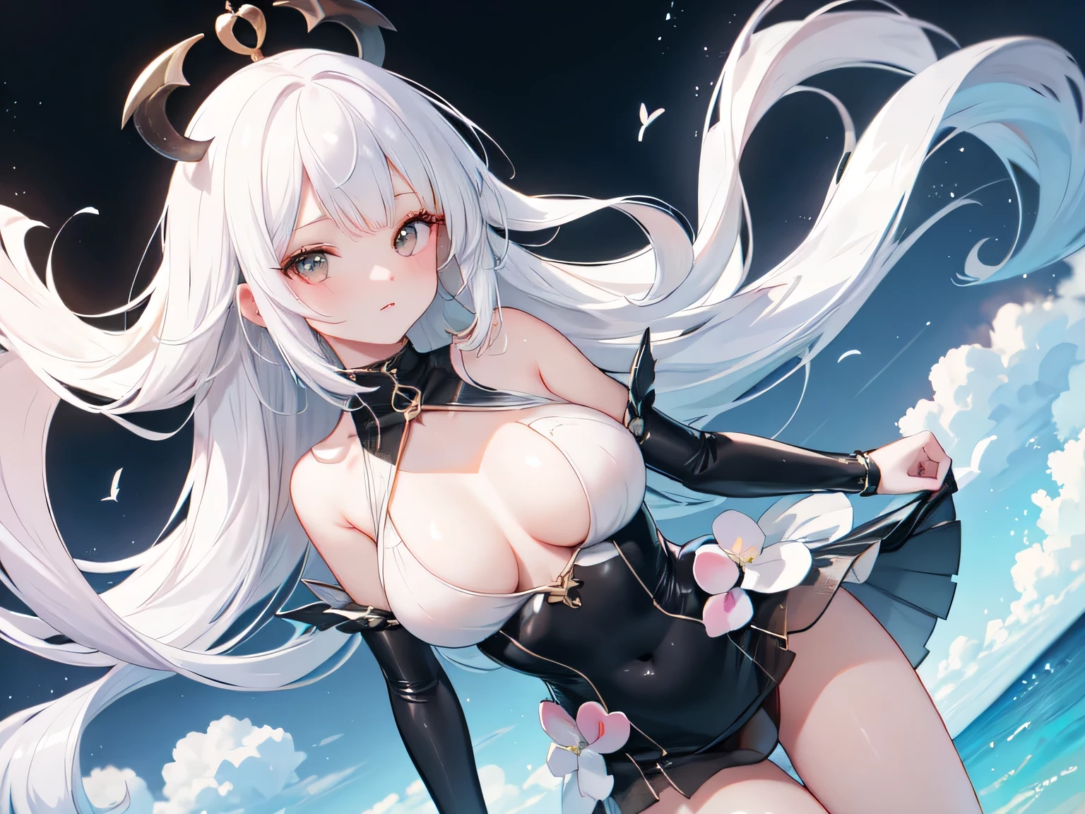 ((best quality)), (Ultra Detailed), ((Extremely detailed)), (fair), ((Kawaii girl)), ((Ultra HD)), (masterpiece), (high quality), (best quality), (4K), (high quality), (1 girl), (Random Action),Parted bangs, ((Hair intake)), Long hair, (Random Hairstyle), Larger , slim body, (one piece swimsuit), (Transparent fabric) Revealing underwear super short transparent skirt succubus normal arms
