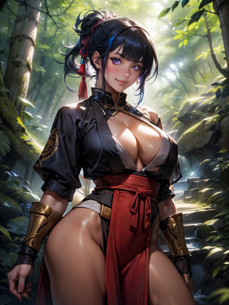 {{{masterpiece}}}, {{{best quality}}}, {{ultra-detailed}}, {cinematic lighting}, {illustration}, {beautifuly detailed eyes}, {1girl}, extremely detailed, 1girl, solo,  A full-body picture of a beautiful ninja warrior, blue hair in two long ponytails, wearing gold and blue, warrior, playful smile, purple eyes, huge breasts, cleavage, hourglass figure, outdoors, woodland background, highly detailed face and clothing, slightly narrow eyes, perfect face, fair skin, hair bangs, long hair, cowboy shot, noble beautiful, traditional Japanese clothing, shinobi woman, I can see her entire body