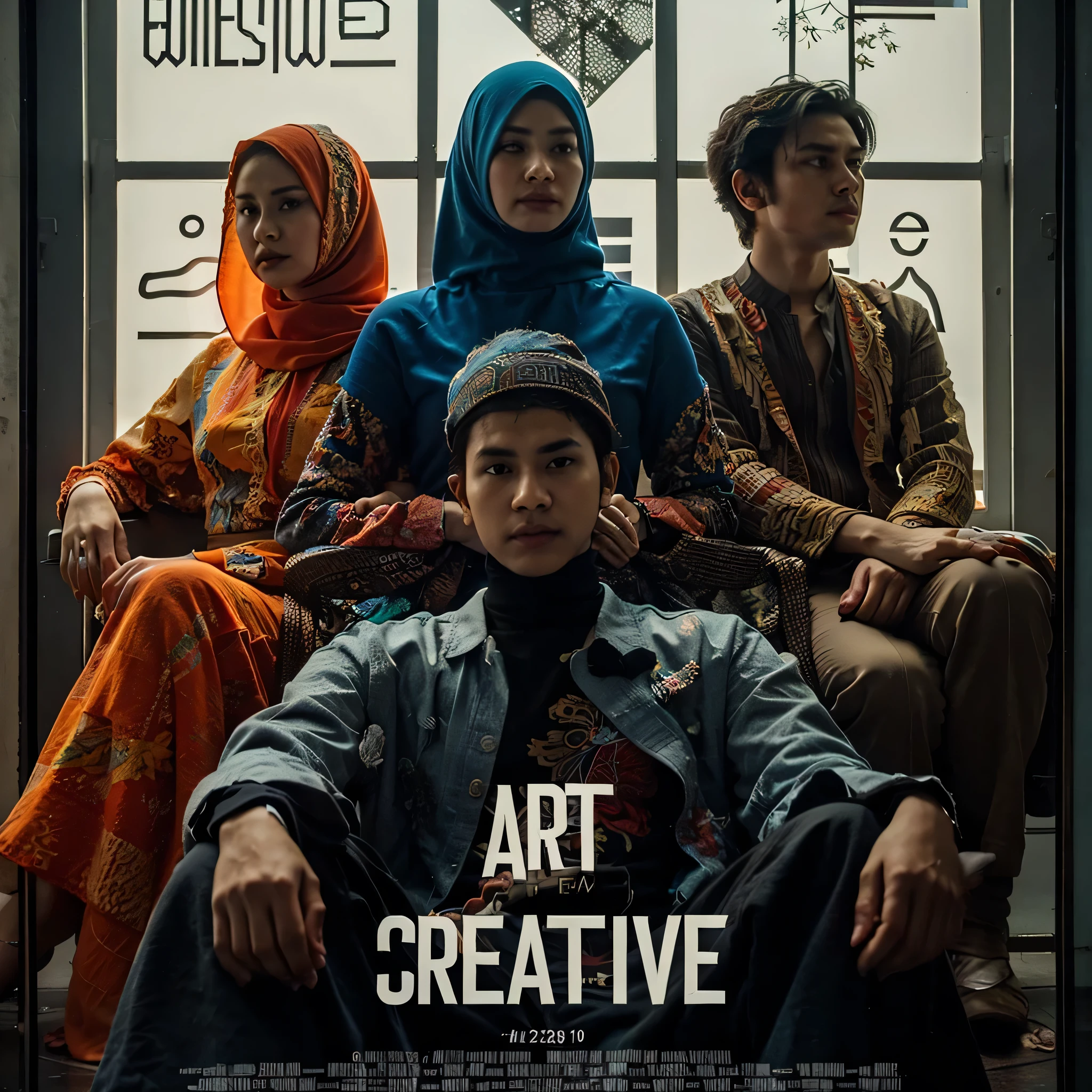 poster with slide . 2 woman Wearing hijab sitting. wearing a unique clothes says (((Art Creative))) , next to him is 2 indonesian young man standing . close up shoot. upskrit body. cinematic. dark effect