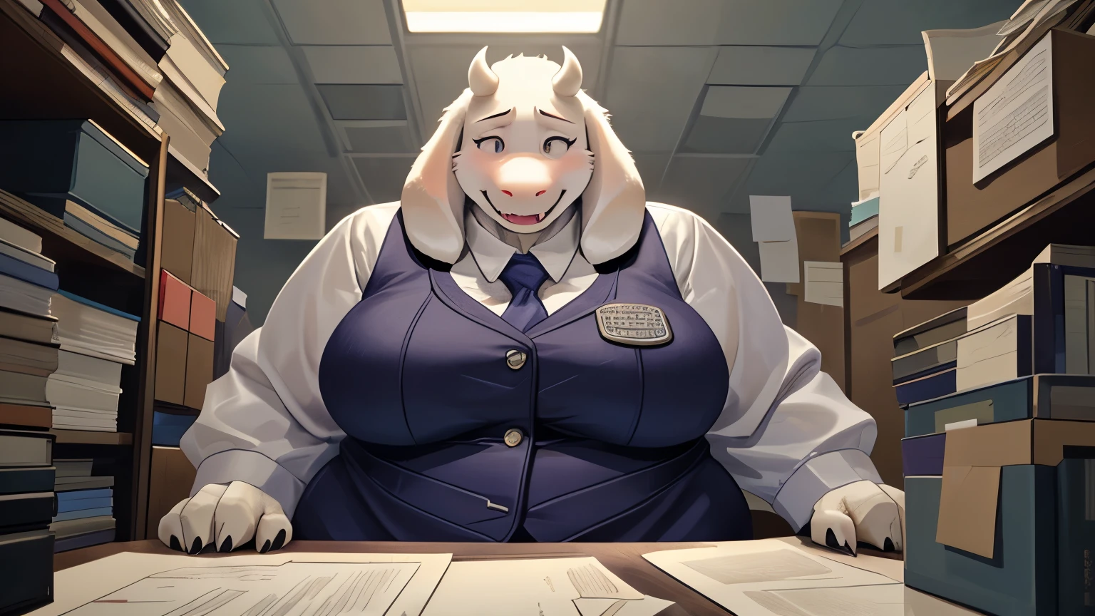 Extremely tall, chubby, wolf girl, ginormous breasts, ginormous hips, longknotted penis, short skirt, wool sweater, ginormous sagging balls, blushing, sitting on desk, cubicle, thick thighs,