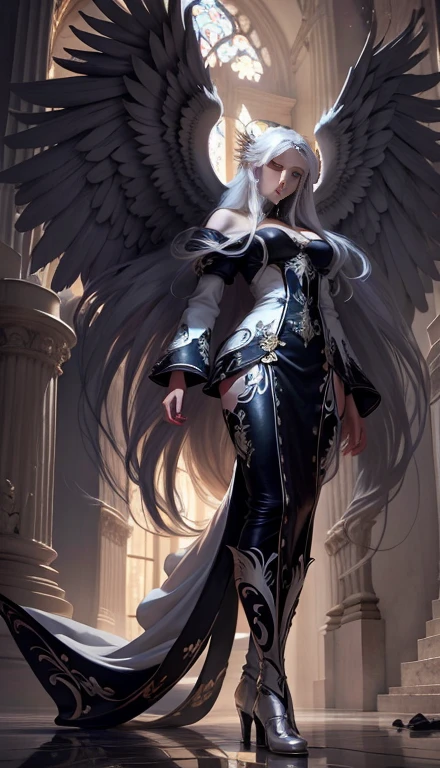 Long white hair,Angel's face, Exposed flesh and blood, Female feet, Round breasts, Angelic, Fallen Angel, The wings are black and white, Silver Holy Armor, Surrealism, Gorgeous, Gothic, antenna,Ogre,Cthulhu,Angels are tortured,The angel's expression is painful,Holy Light, 8k, Super Detail ( Huge breasts:1.5), (cleavage top:1.3),