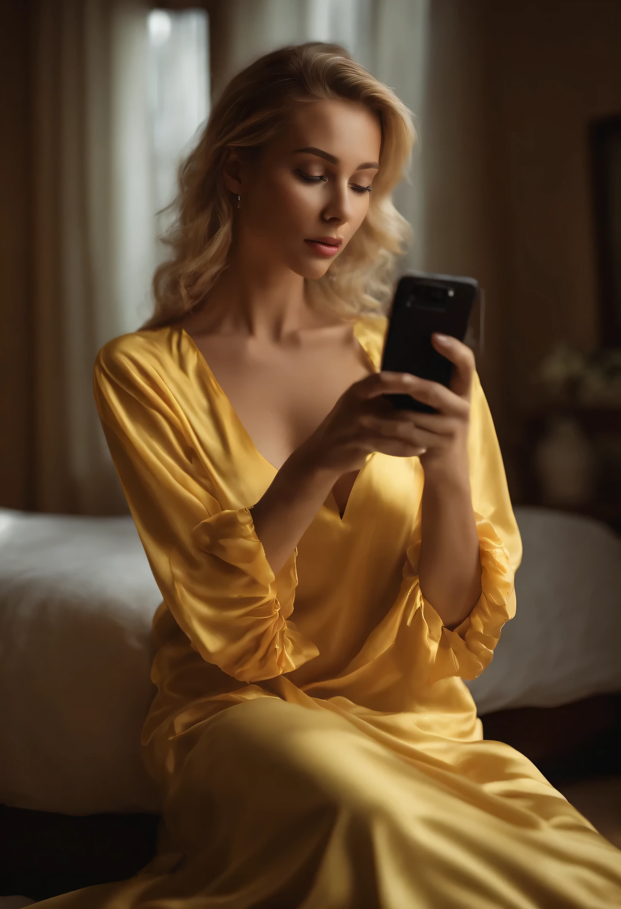 (mejor calidad,4k,8k,high resolution,Obra maestra:1.2),ultra detallado,(realista,photorealista,photo-realista:1.37),mujer rubia con pelo corto,wearing a very wide plain yellow nightgown without details , tomandose una selfie frente al espejo