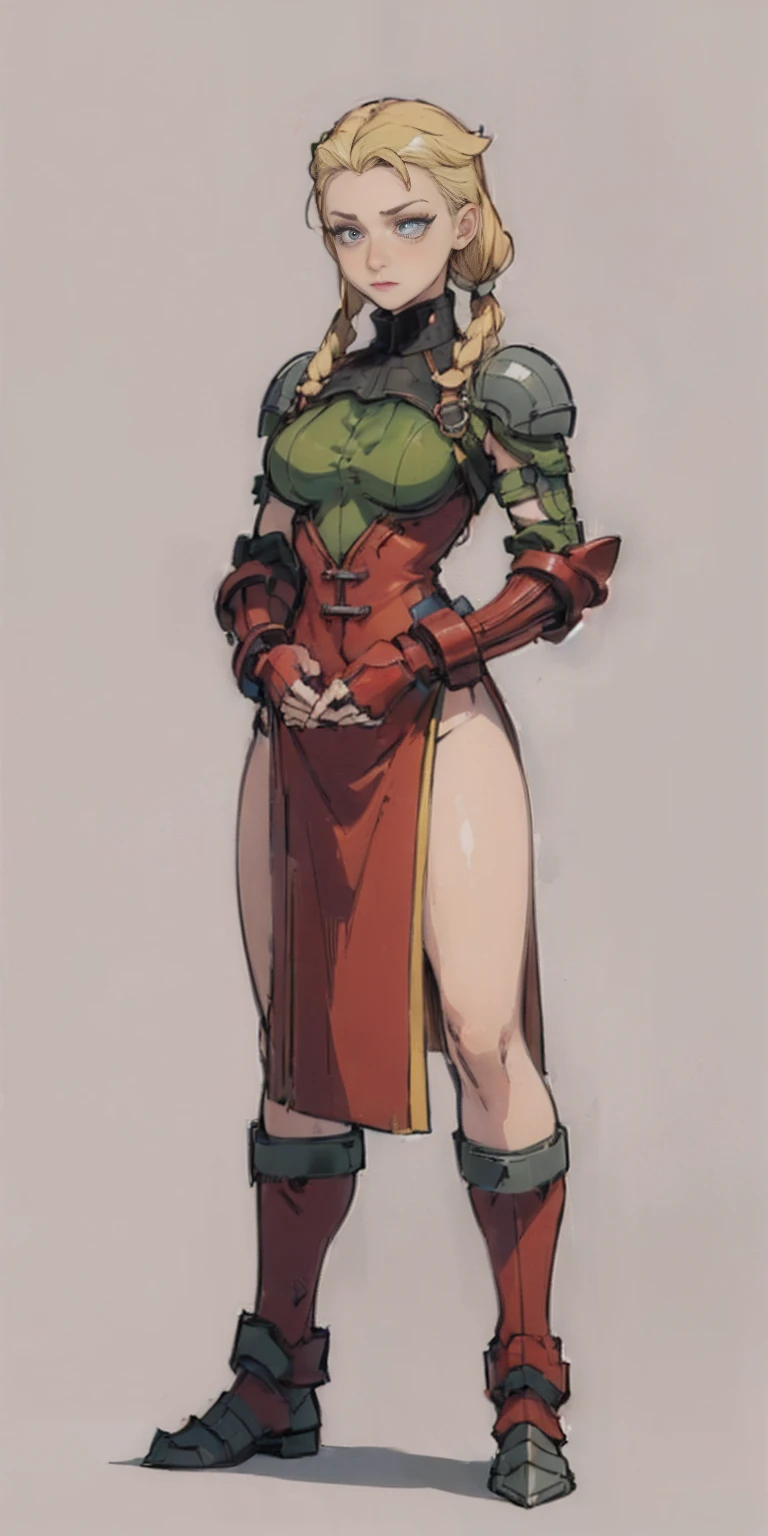 ((Plain background 1:2)) (Cammy White Street Fighter 6) Female full body standing straight symmetrical (handcuffs, shackles, rerebrace, armored, faulds, poleyn, gauntlets)