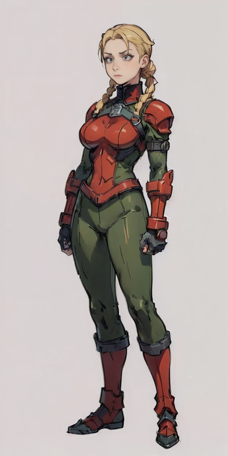 ((Plain background 1:2)) (Cammy White Street Fighter 6) Female full body standing straight symmetrical (handcuffs, shackles, rerebrace, armored, faulds, poleyn, gauntlets)