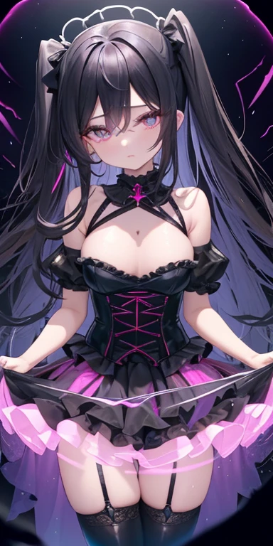 (Obra maestra:1.2), Mejor calidad, (illustration:1.2), (ultra detallado), hiper detalles, (delicado detallado), (detalles intrincados), (cinematic light, Mejor calidad Backlights), Delete line, solista, Cuerpo perfecto, anime girl, pale complexion, long black hair, dark eyes, shes wearing a black and pink corset, black skirt with pink lace, pink stockings, thick black gothic boots with buckles, bright lights, sparkles, twisted misty aura, glowing eyes, melting slime art, dark aura, dark setting, glowing effect, shiny makeup, ultra HD., (constituir), alto contraste, (mejor iluminacion, un extremadamente creado y hermoso), (cinematic light), vistoso,