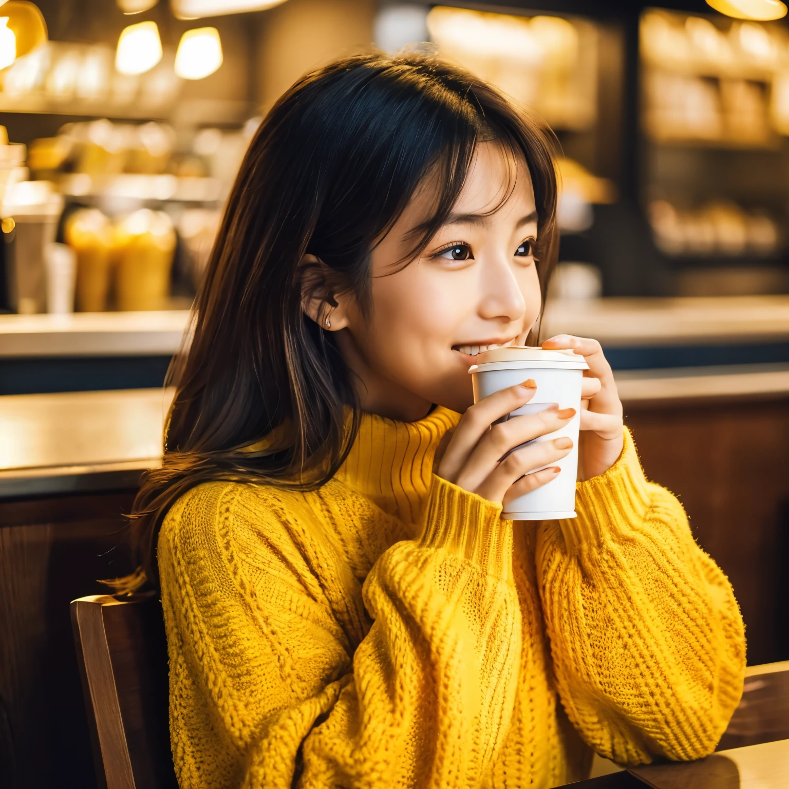Cute beautiful Japanese woman in a yellow sweater(Drinking coffee in a modern cafe at sunset), Very detailed, 24-years-old, Innocent face, Naturally Wavy Hair,, High resolution, masterpiece, highest quality, Intricate details, Very detailed, Sharp focus, Fine skin, Realistice Hauttextur, texture, Fine grain, Professional, 4K, Cute Smile, Taken with a Canon, 85mm, Depth of written boundary, Kodak Vision Color, Perfectly Fit Body, Very detailed, photograph_\(Ultra\), fotoRealistic, Realistic, Post-processing, Maximum detail, Roughness, Real Life, UltraRealistic, photographrealismus, photographgrafie, 8K UltraHD, photographgrafie