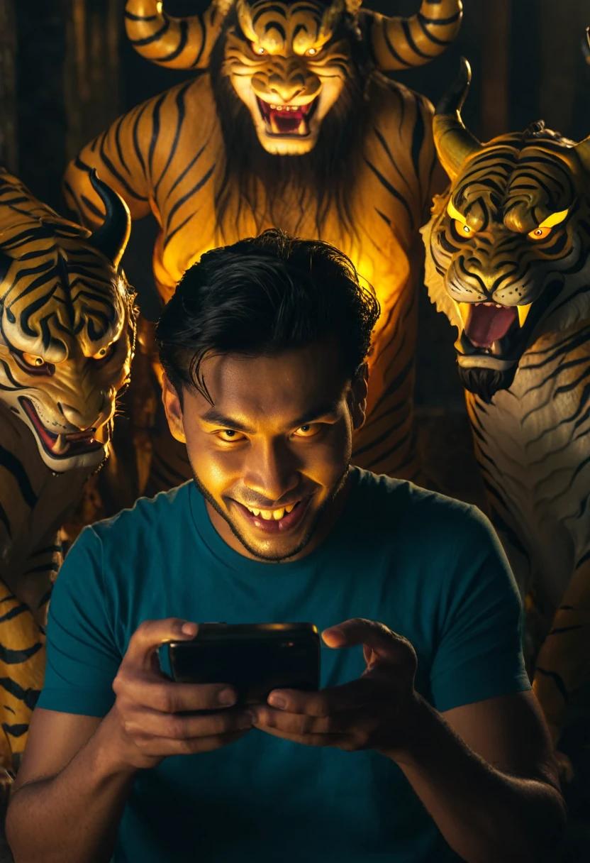 Brazilian is focused on his face illuminated by the light of the cell phone in his hands. The is mesmerized by what he sees on his cell phone. behind there are 3 demons with tiger faces and horns smiling devilishly. image with cinematic background