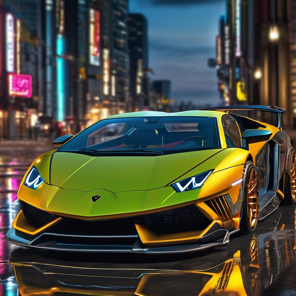 (best quality, 8k, highres, masterpiece:1.2), ultra-detailed, (realistic, photorealistic, photo-realistic:1.37), HDR, UHD, studio lighting, extreme detail description, professional, sci-fi, sharp focus,dystopian setting,futuristic technology, muted colors, glowing LED lights,mechanical body parts,Lamborghini modified to become a JDM with striking colors suitable for driftingreflections in the city night,shadows and reflections. 
