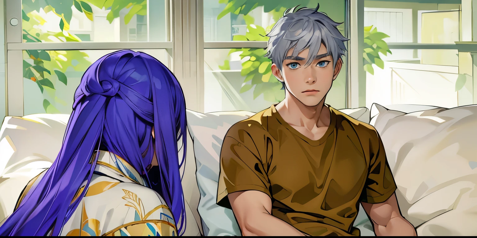 estilo anime 2d, There is a woman with gray hair, her back is turned, and a 16-year-old boy with gray hair, blue eyes, is talking, he is sad.