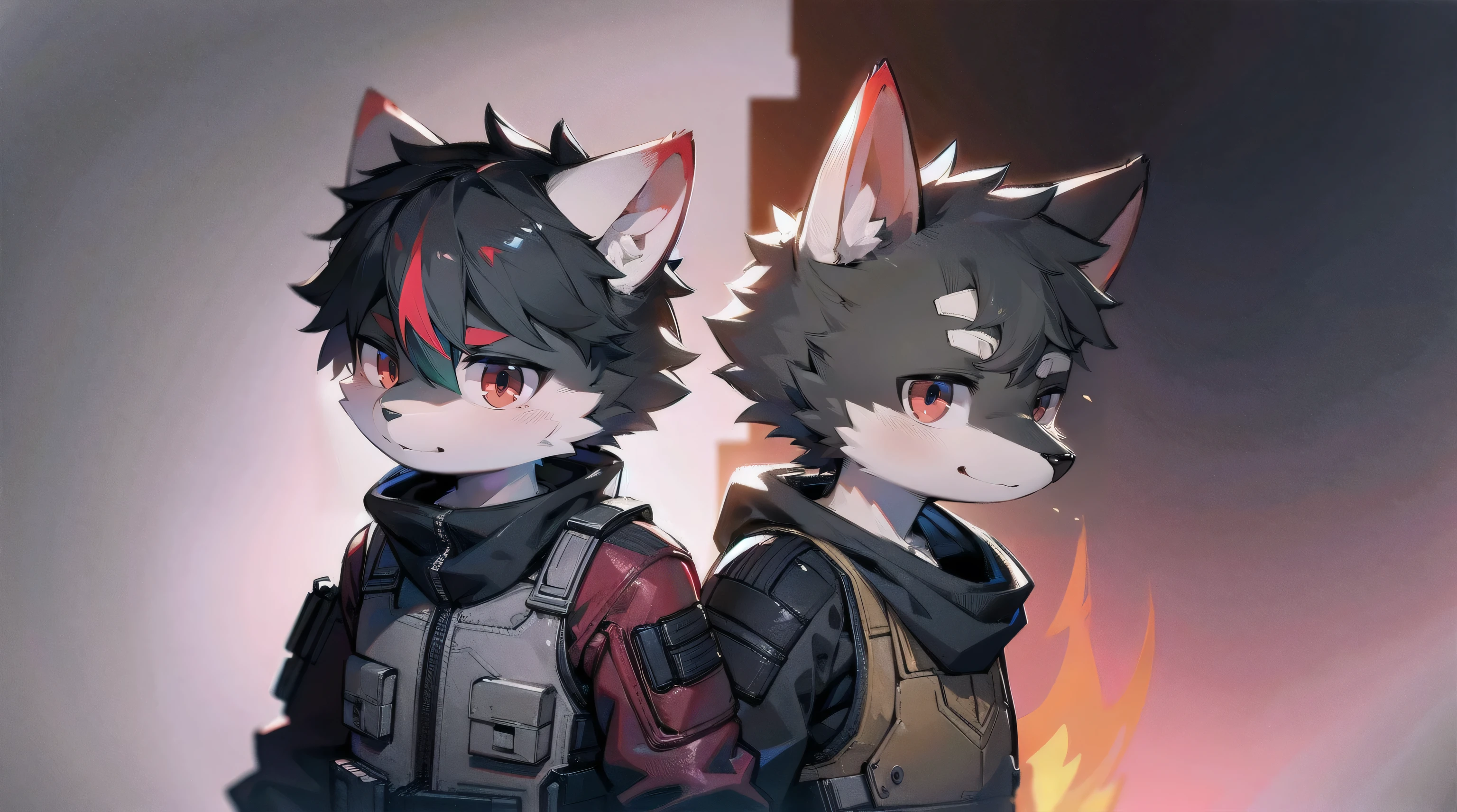 Wolf，Gray fur，Red eyes，Combat Suit，The only person，The background is a dark battlefield，walk，bust，boy