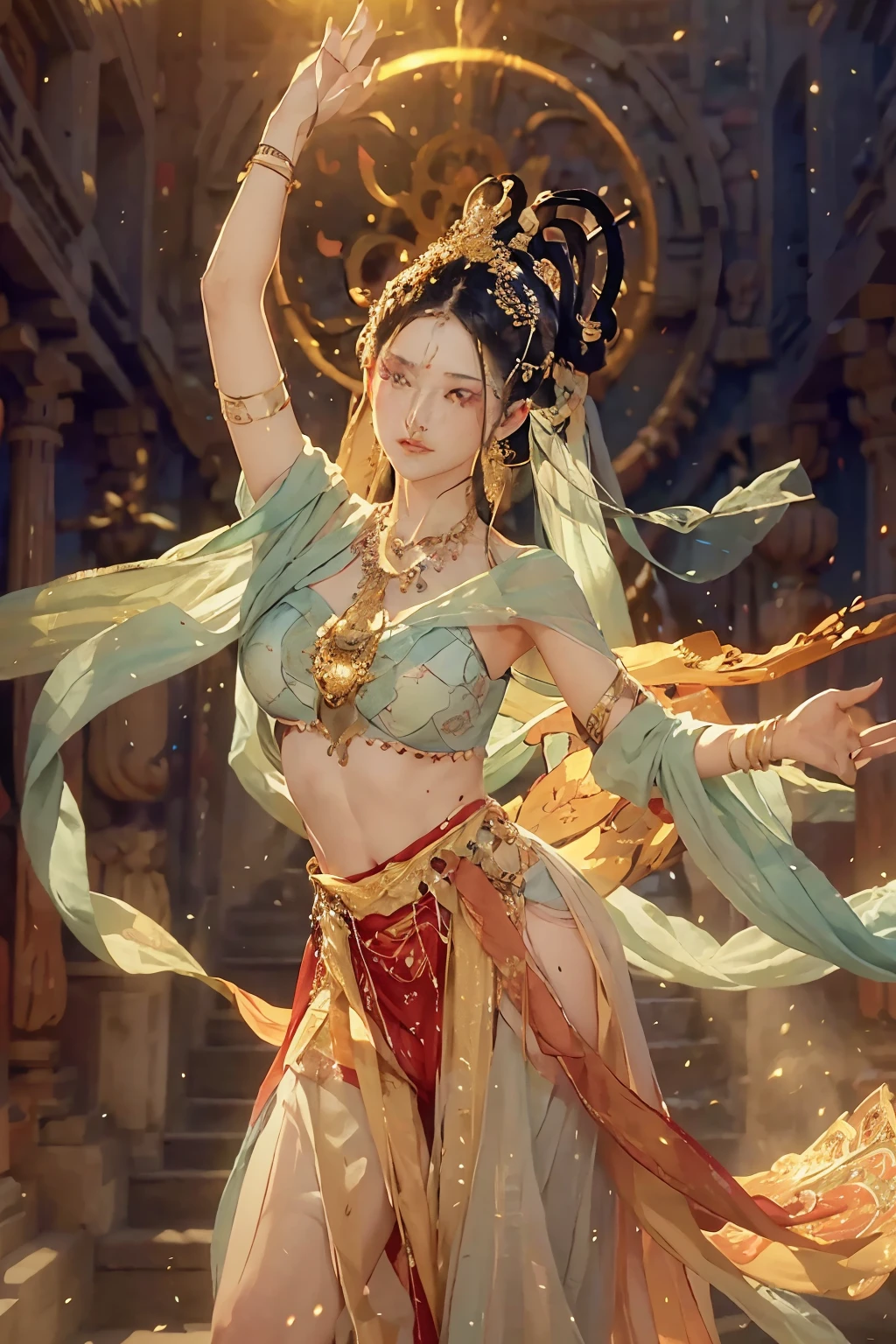 In the heart of this captivating scene, the fusion of ancient and modern elements harmoniously coexists, creating a breathtaking spectacle. The ancient style, adorned with intricate patterns, complements the sleek, advanced technology that pulses with vibrant energy. Realism is at the forefront, combining the ethereal grace of a dancer in full motion with the solidity and tangibility of the surroundings. The colors burst forth, rich and full, as if every hue had been painstakingly hand-picked and brought to life in this techno-infused tableau. Every detail is rendered in crisp, lifelike clarity: the dancer's movements, the intr