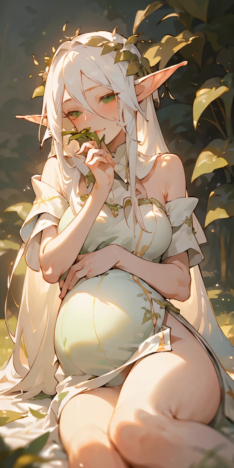 (masterpiece, best quality),1girl with long white hair sitting in a field of green plants and flowers, her hand under her chin, warm lighting, white dress, blurry foreground, elf ,pregnancy 