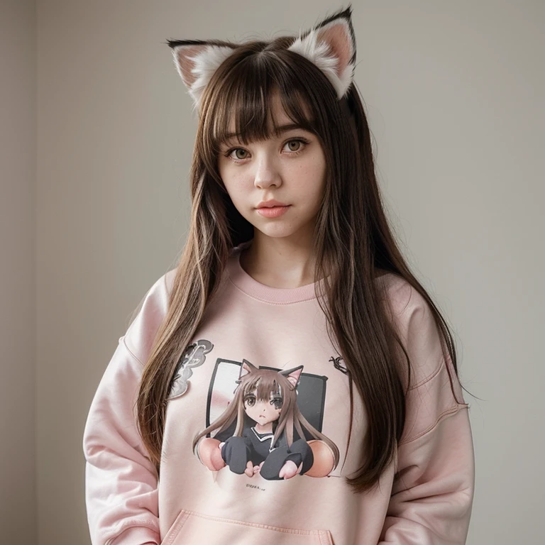 Girl with kitten ears, long straight hair with cute bangs and also with an anime style sweatshirt