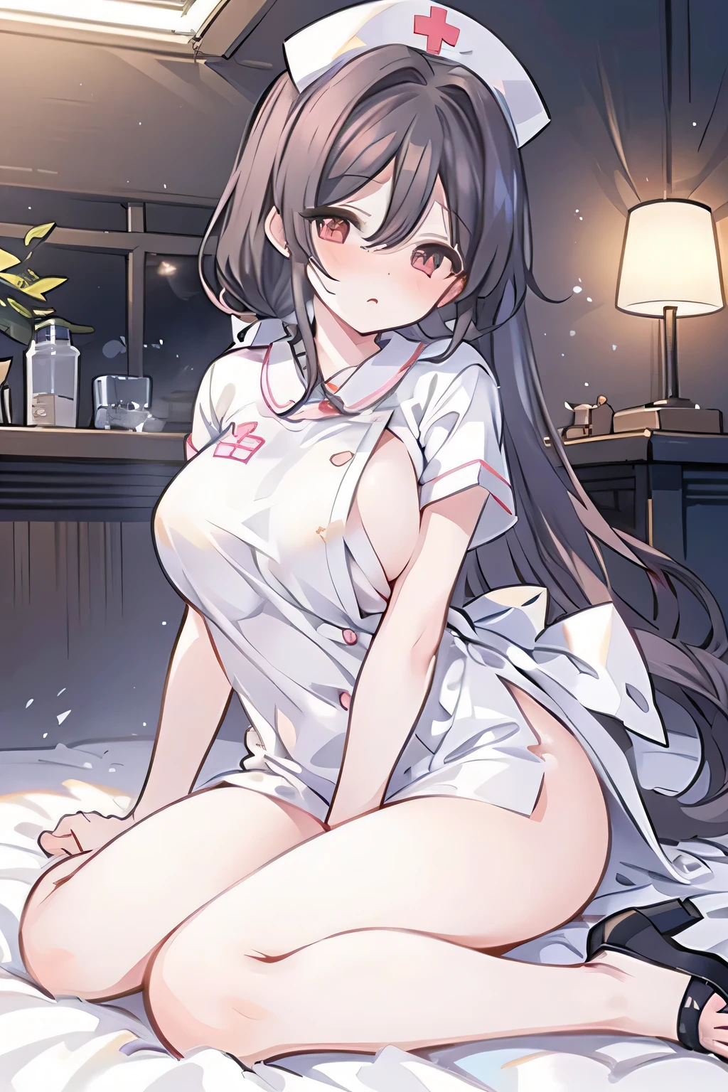 Kurosaki， Tokisaki Crazy Trio， black hair color hair， Low double ponytail， （Hair above one eye：1.5）， （red eyes：1.2）， （Small under breasts：1.2）， Break thighs and thighs， Hats，， white thighhig， nurse hat， nurses， Tokisaki Crazy Trio， Audience rest， BREAK indoors， Pretend to sleep， Bedrooms， intermittently （tmasterpiece：1.2）， Best quality， A high resolution， Unity 8k wallpaper， （lamplight：0.8）， （beautidful eyes：1.6）， exceedingly, exceedingly, The face is very delicate， perfect litthing，extremely detremely detailed CG，（perfect hand，perfect anatomia），professionalartwork, Complicated details, Field of View, Focus sharp, Detailed depiction of the, Photorealistic lighting, Popular topics on pixiv,(tmasterpiece:1.0),(The best_quality:1.0), 超A high resolution, ultra - detailed, photography, 8K, HighDynamicRange, A high resolution, Ridiculous resources:1.2, Cordas Portela 400, filmgrain, Focus sharp, bokeh:1.2, lens flare glow, (a vibrant one_colours:1.2), (((Indoors, Hospital details))), Anaros, 1 plump girl, female maturity, black hair color hair, Long gray hair, (yellow eyes), Large breasts, nurses, nurse's outfit, high-heels, soft skin, hair intakes, (Alone:1.4), (Full body like，covering breasts), Angry and shy, Angry and shy face，lie，Lie down in bed，The room was messy，nurse's outfit，White transparent clothes