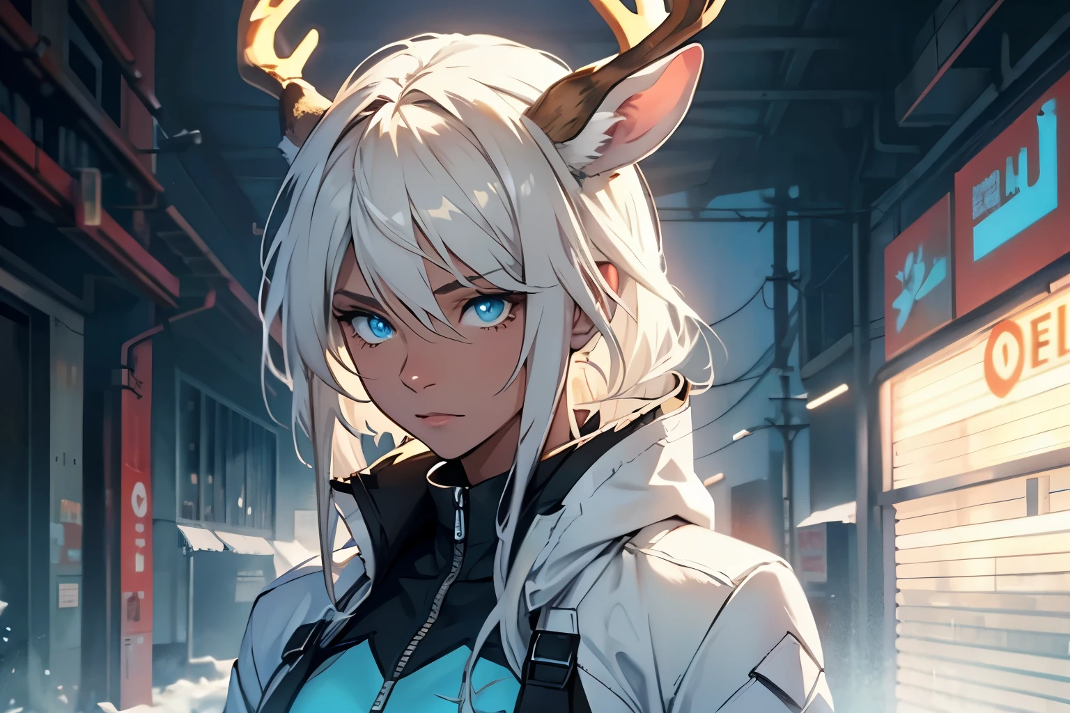 1Woman. Deer ears. white hair. icy blue eyes. brown skin. Half body picture. Cinematic lighting. Modern clothes. Fitted tanktop.