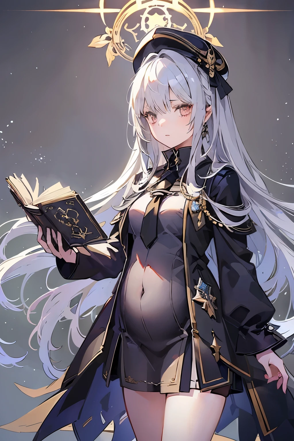 animesque、top-quality、hight resolution、Standing picture、a beauty girl、femal、Academy black clothes with school caps、Glossy detailed gray hair long、Decoration luxury black military uniform、I have a spellbook、Library Committee Member、deadpan、no feelings、Elegant、Gorgeous、elegent、A sexy、goodlooking, pregnancy 