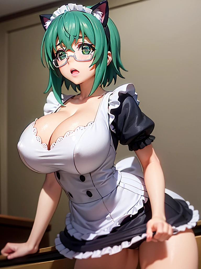 1girl, masterpiece, best quality, highres, high quality, maya yamada, short hair, (green eyes:1.3), green hair, glasses, semi-rimless eyewear, under-rim eyewear, tre anatomically correct, perfect body, tight thight, curvy, huge breasts, massive breasts, saggy breasts, Pretty face, perfect face, Reddening cheeks, ((Lewd)), heart-shaped pupil , (cat ears maid), straddling, leaning backward