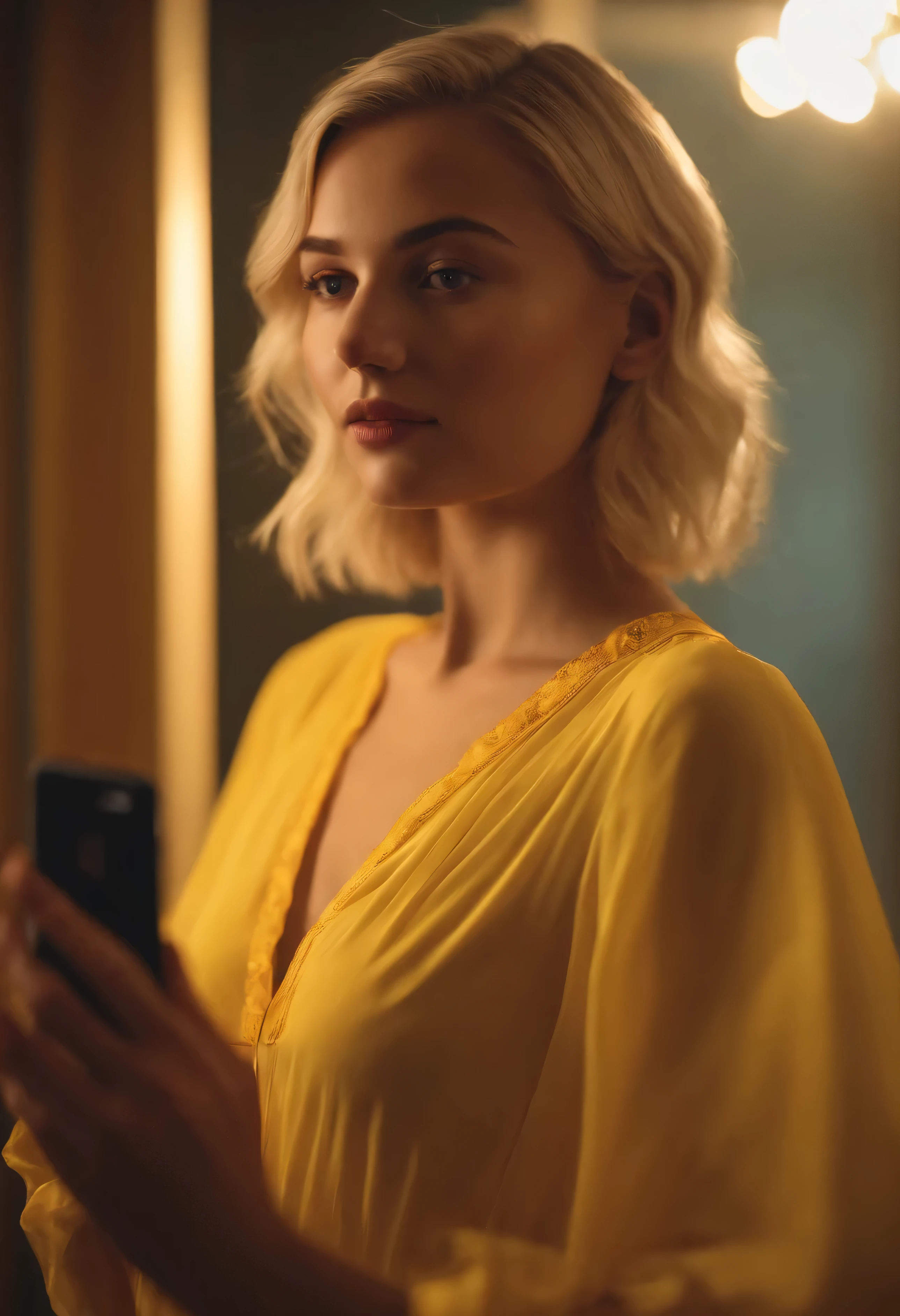 (mejor calidad,4k, 16 year old blonde woman with short hair, wearing a very wide plain yellow nightgown without details , tomandose una selfie frente al espejo