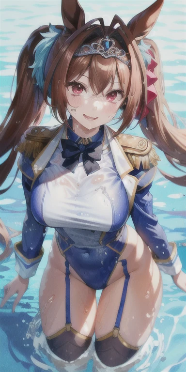 1girl, solo, daiwa scarlet (umamusume), horse ears, twintails, tiara, horse tail, long hair, brown hair, epaulettes, garter straps, long sleeves, breasts, fang, red eyes, bowtie, bangs, one piece pink swimsuit, large breasts, thighs, swimming pool, (soaking wet:1.2), smiling