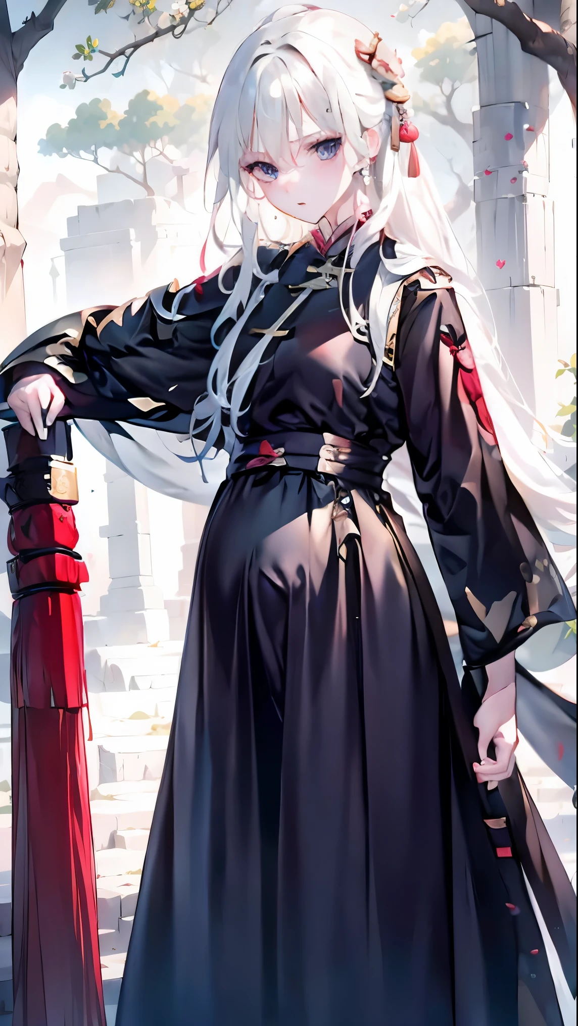 Golden hairpin, white ash hair, black shirt, white skirt, (black cloak:1.2), pale face, sweating, heavy breath, blushing, pregnancy  dresest quality:1.2), ultra-detailed,realistic ,portraits, vivid colors, soft lighting, interesting PoV, stocking, straight hair, pregnant, Pregnant  belly, anime girl, solo girl, light blue eyes, Chinese sword, swing sword, 