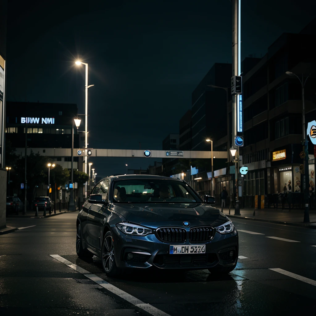 BMW drives through city in the dark