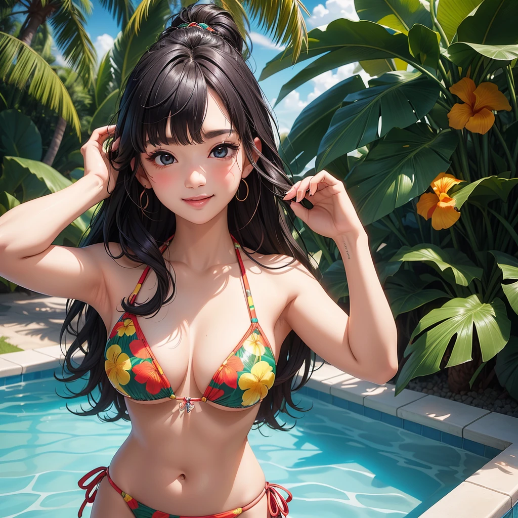 girl、(((one person)))、(Tropical print bikini:1.3、Face Enhancement:1.3, )、、Detailed Hair、Black Hair、Long Hair、Touching your hair、highest quality、Super detailed、Very detailed、Detailed Background、C cup bust、smile、Resort hotels、Pool、from above