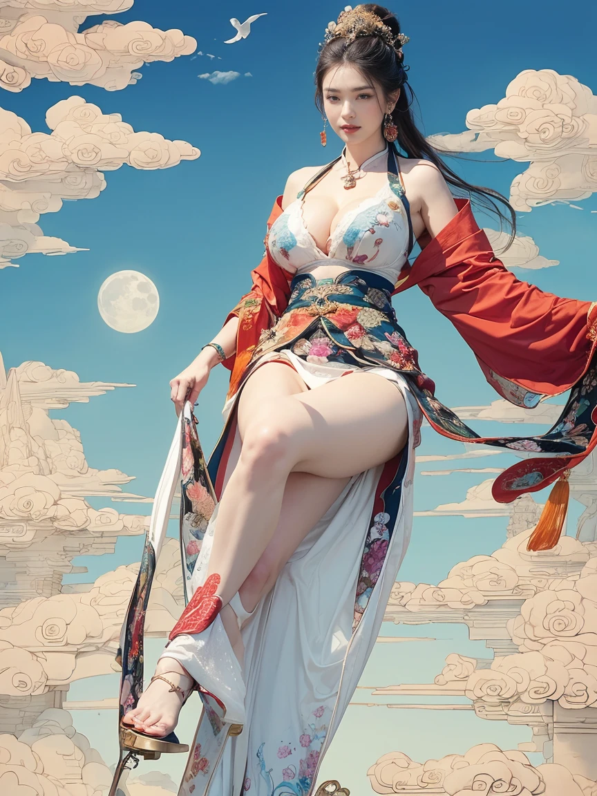 (masterpiece, top quality, best quality, official art, beauty:1.2), ( Huge breasts:1.5), (cleavage top:1.3),（最詳細清晰的contour和五官：2.0，contour：2.0） (1 Chinese Goddess:1.5), Very detailed,(Dunhuang艺术:1.1),(Dunhuang，Colorful:1.1)(Flowers:1.3),Most detailed,(Zentangle:1.2), (Dynamic flight attitude，Foot on white clouds，Show your thighs:1.5), (Blue sky, White clouds and bright moon background:1.3), (Chinese embroidered Hanfu:1.2), (Glowing skin，Camel toe：1.2), (Many colors:1.4), ,(earrings:1.4),