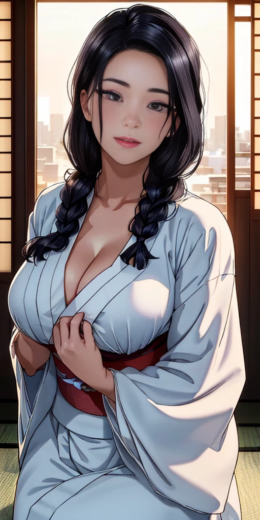 (night:1.7), Japan, Tokyo, City view, in front of the window,
looking at the viewer, (fascinating look:1.2), Happy, 笑face,
(white_kimono:1.3),cleavage,
black_hair, length_hair, hair_pulled_return,Broke up_lips,purple_eye, Braid,
1 girl, 24-years-old,mature woman,beautiful Finger,beautiful length legs,beautiful body,beautiful Nose,beautiful character design, perfect eye, perfect face, perfect fingers, perfect hands, Perfect chest, perfect body,
looking at the viewer, in the center of the image,
NSFW,official art,highly detailed body, exteremly detailed face, extremely detailed hair, extremely detailed eye, wallpaper, perfect lighting,colorful, bright_front_face_lit,
(masterpiece:1.0),(Highest_quality:1.0), 超High resolution,4k,super detailed,
photograph, 8k, HDR, High resolution, disorganized:1.2, kodak portrait 400, film grain, blurry returnground, Bokeh:1.2, Lens flare, (lively_color:1.2)
(beautiful,big_chest:1.4), (beautiful_face:1.5),(narrow_waist),