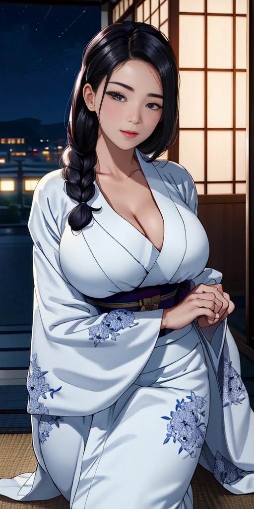 (night:1.7), Japan, Tokyo, City view, in front of the window,
looking at the viewer, (fascinating look:1.2), Happy, 笑face,
(white_kimono:1.3),cleavage,
black_hair, length_hair, hair_pulled_return,Broke up_lips,purple_eye, Braid,
1 girl, 24-years-old,mature woman,beautiful Finger,beautiful length legs,beautiful body,beautiful Nose,beautiful character design, perfect eye, perfect face, perfect fingers, perfect hands, Perfect chest, perfect body,
looking at the viewer, in the center of the image,
NSFW,official art,highly detailed body, exteremly detailed face, extremely detailed hair, extremely detailed eye, wallpaper, perfect lighting,colorful, bright_front_face_lit,
(masterpiece:1.0),(Highest_quality:1.0), 超High resolution,4k,super detailed,
photograph, 8k, HDR, High resolution, disorganized:1.2, kodak portrait 400, film grain, blurry returnground, Bokeh:1.2, Lens flare, (lively_color:1.2)
(beautiful,big_chest:1.4), (beautiful_face:1.5),(narrow_waist),