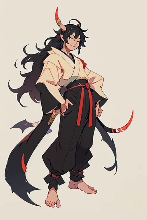 A young man with black hair and horns、Japanese style fantasy clothing、Full body illustration、Single color background