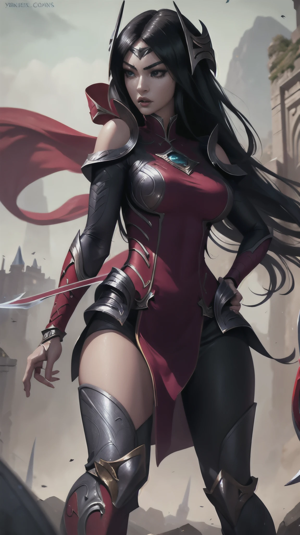 Highly detailed, High Quality, Masterpiece, beautiful, 1girl, solo, Irelia, solo character holding weapon, attack action, using weapon, intricate design, sharp focus, fantasy clothing, 