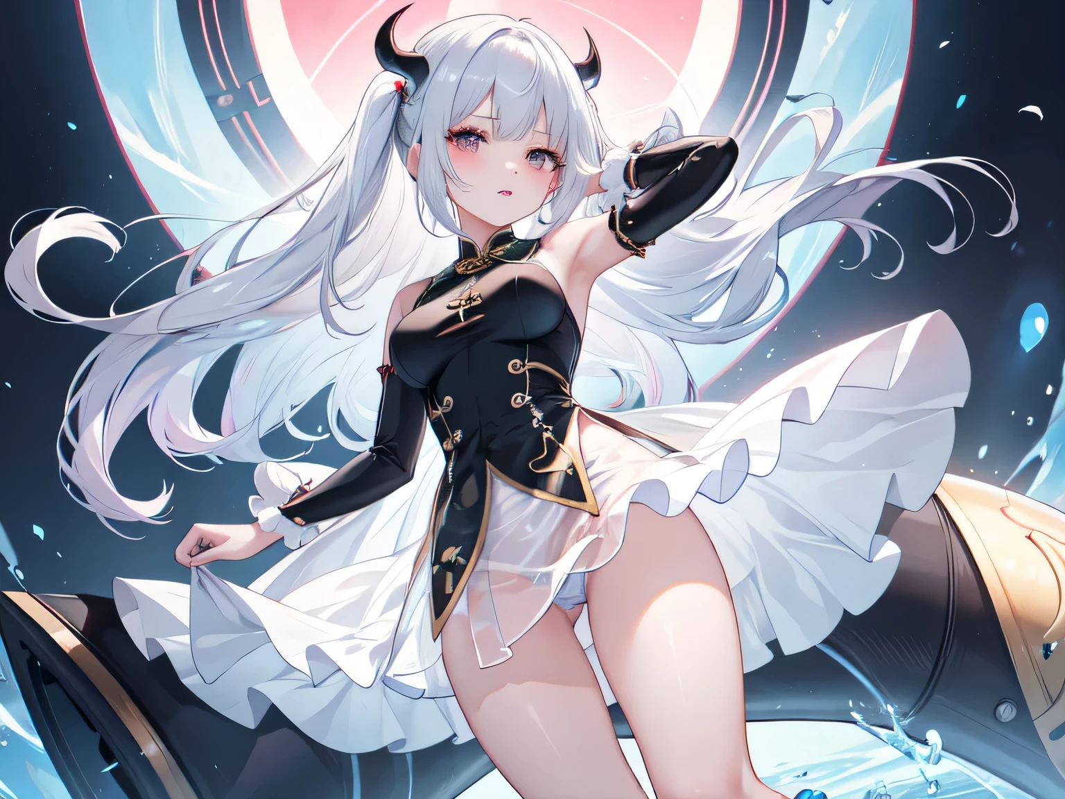 ((best quality)), (Ultra Detailed), ((Extremely detailed)), (fair), ((Kawaii girl)), ((Ultra HD)), (masterpiece), (high quality), (best quality), (4K), (high quality), (1 girl), (Random Action),Parted bangs, ((Hair intake)), Long hair, (Random Hairstyle), Larger breasts, slim body, (Siamese cheongsam), (Transparent fabric) Revealing underwear super short transparent skirt succubus normal arms