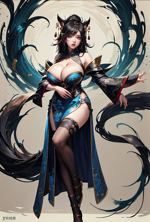 Entering the Field of Traditional Chinese Art，This issue shows a traditional Chinese ink painting，Depicting the latest fashion look for the League of Legends character Ahri. ( Huge breasts:1.5), (cleavage top:1.3), The artist&#39;s brushstrokes combine the elegance of China with the mysterious elements of the nine-tailed fox. Ahri stands elegantly in a gorgeous tight top，It is decorated with intricate patterns, Wide flowing sleeves for an elegant look. Fluffy fur collar adds warmth and sophistication, The sleek leggings accentuated her slender figure. The centerpiece of the costume is a short skirt made up of nine fox tails, Symbolizes Ahri&#39;s charming nature. Ahri posing against a solid color background, her presence is striking，Her stunning beauty and cultural fusion mesmerized the audience. This traditional Chinese ink painting celebrates the timeless appeal of Chinese aesthetics and the allure of Ali’s latest costumes. Created by famous Chinese traditional ink painter Zhang Daqian，((best quality)), ((masterpiece)), ((Practical))，Axisymmetric，Anatomically correct，