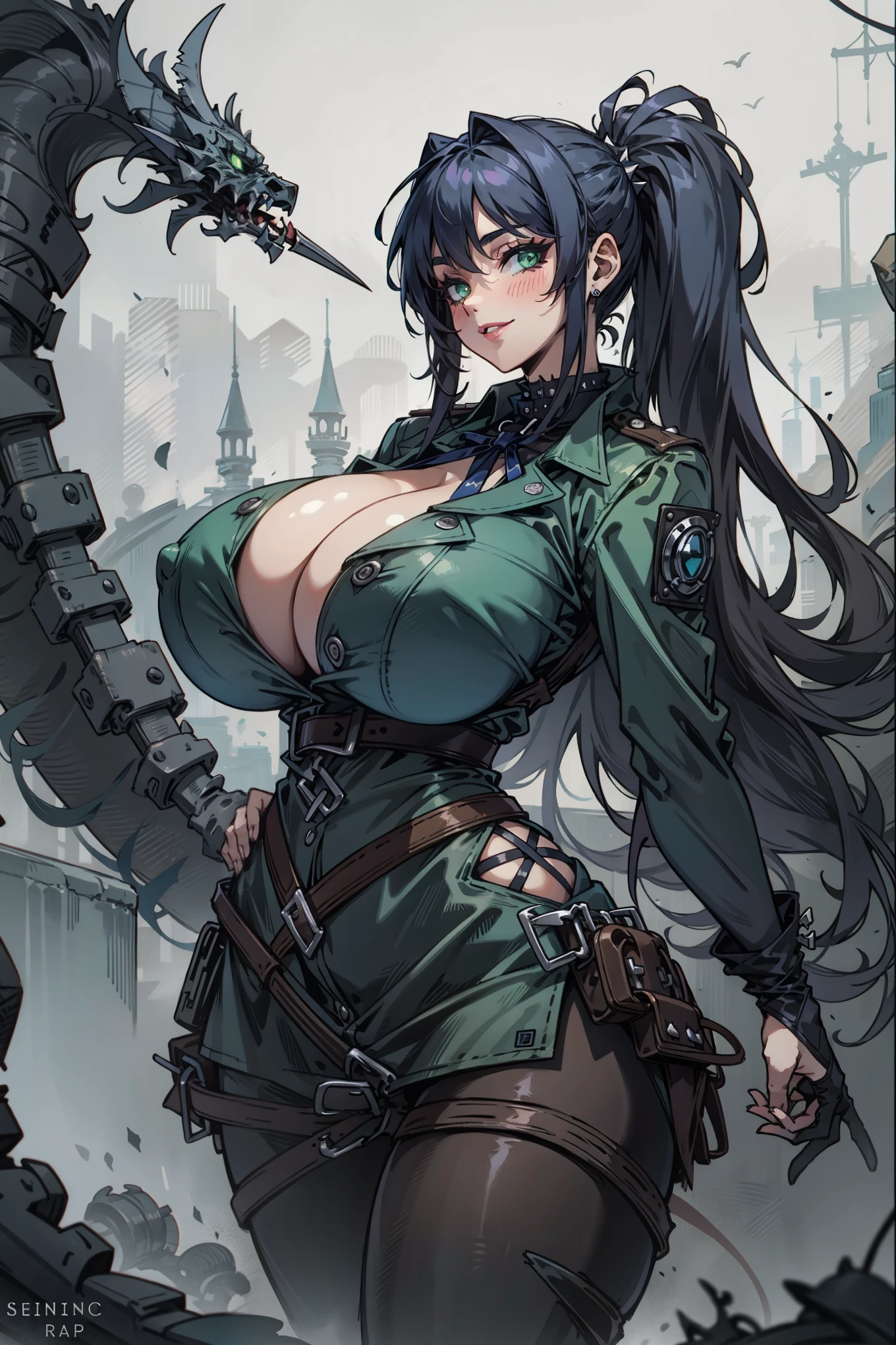 Best quality, solo mature goth woman, (gigantic breasts:1.8), sagging breasts, massive cleavage, huge ass, very curvy, black hair, styled high twintail hair, emerald green eyes, Gothic make up, punk rock style, full lips, seductive, sly smile, (exposed black button up blouse), loosen tie, (black and neon green punk goth skirt), ribbon in hair, thick thighs, curvy physique, pantyhose, Gothic style, punk style