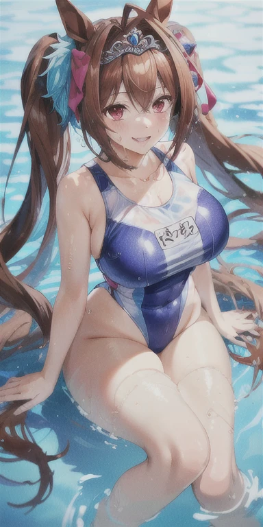 1girl, solo, daiwa scarlet (umamusume), horse ears, twintails, tiara, horse tail, long hair, brown hair, red eyes, one piece pink swimsuit, large breasts, thighs, swimming pool, (soaking wet:1.2), smiling