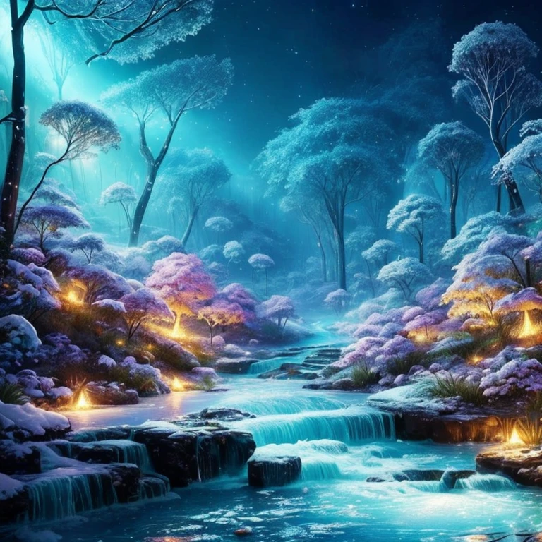 tmasterpiece,Best quality at best,high high quality,extremely detaile,8K,Fantastic snow and ice jungle,ice witch,Colorful ice magic,glowing sprites,Natural elements in the forest theme,Colorful snow and ice jungle,Epic fantasy art style,Delicate leaves and branches are surrounded by fireflies(nature elements),(Jungle theme),(Foliage),(tree branch),(glowworm),(Particle effect)and other 3D, Octane rendering,Ray traching,Super meticulous,Depicting the harmony between man and nature