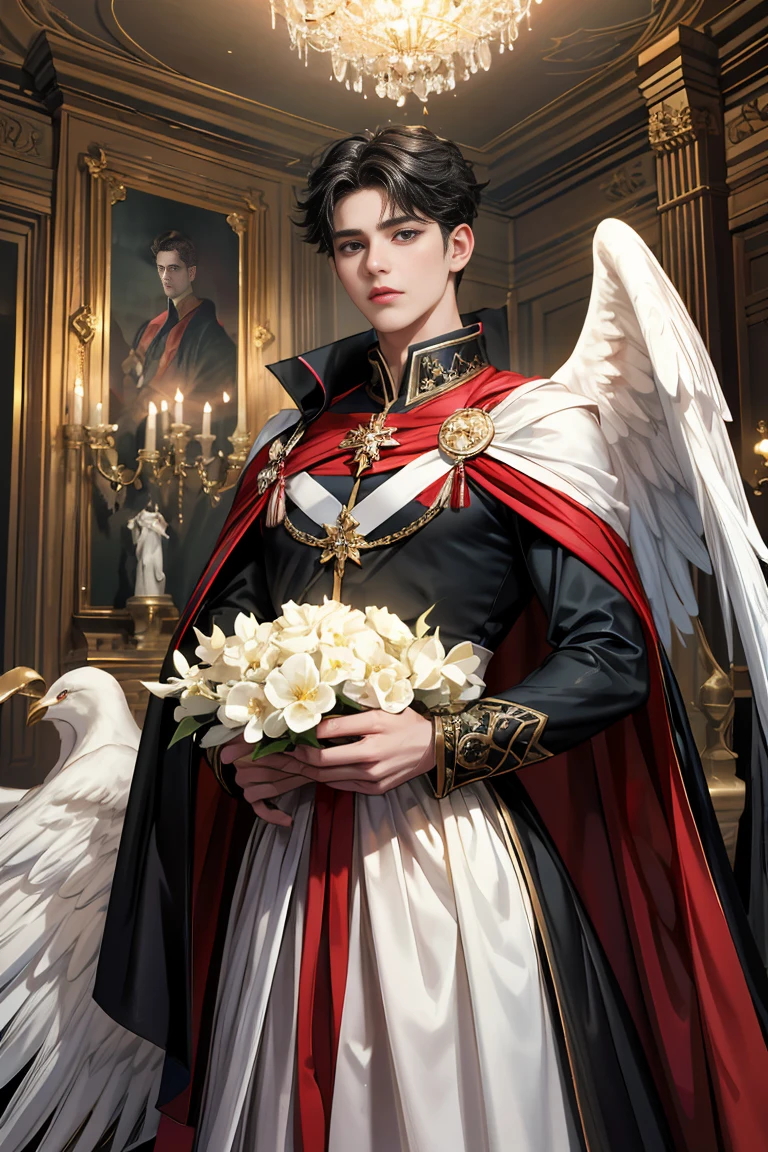 masterpiece, 最high quality, high quality, 1 boy, alone, male focus, looking at the viewer, Messy black hair, blue adorable big eyes, white people, Noble, Noble, beautiful angel、A very big, very big, very big, very long, long red and black cape made with a lot of fabric that reaches all the way down to the floor, 17 years old,cute beautiful boy,Cute, cute, kind, handsome guy