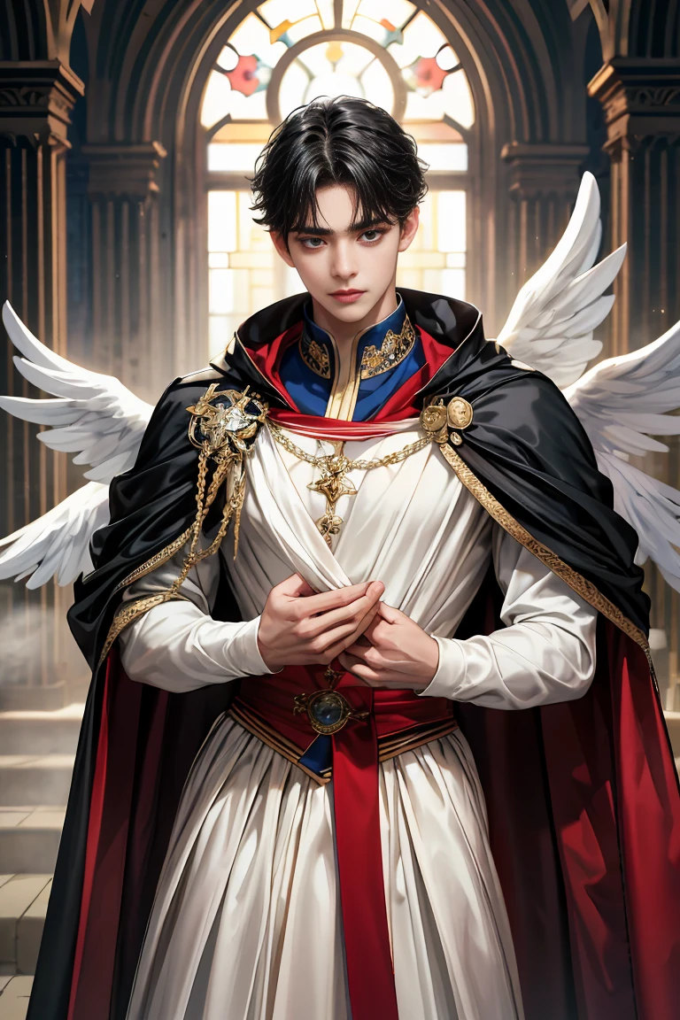 
masterpiece, 最high quality, high quality, 1 boy, alone, male focus, looking at the viewer,  Messy black hair, blue adorable big eyes, white people, Noble, Noble, beautiful angel、A very big, very big, very big, very long, long red and black cape made with a lot of fabric that reaches all the way down to the floor, 17 years old,cute beautiful boy,Cute, cute, kind, handsome guy