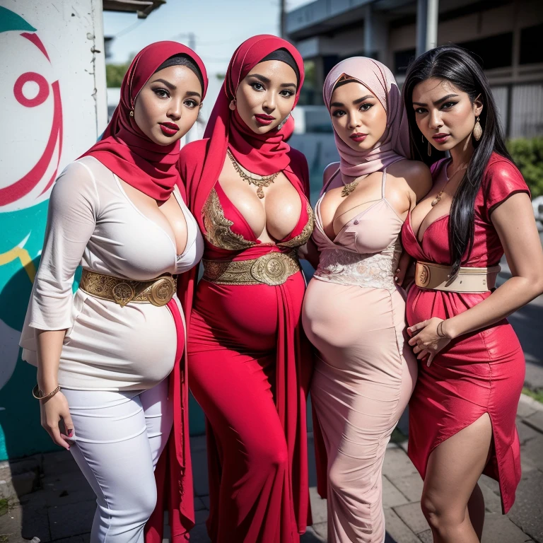 Malaysian girl pregnant 9 ,Largest Baby Bump pregnant, Largest , Big pregnant Belly, Big Pregnant girl, Largest Belly of Pregnant, Beautiful woman, beautiful face, pregnant, long hair, black hair, realistic, ultra-detailed, big breast, malay, The whole body consists of a young girl with hijab, Eye makeup, 21yo, Cat ears, Soft lighting, groups, Wear shabby clothes, Dirty, Tattered futuristic military uniform, Cat's paw badge, Pose, spot color, rendering by octane, Ultra-realistic intricate details, Cinematic, 8K resolution, 70mm, emphasis lightings, (((Huge breast)))(((wearing sexy kebaya))) PERFECT HIJAB & Sexy kebaya dress (((2 girls:1.5, girls standing))) Setting background: Basquiat graffiti wall background,Graffiti artist, urban walls, spray paint cans, bold colors, rebellious strokes, street gallery, artistic , night shadows, public expression, aerosol mastery, layered stencils, cultural messages, graffiti tags, creative risks, vibrant visuals, underground recognition, impactful designs, urban transformation. Art by Mschiffer (((Red lips))) (((only: pubic hair is hairy:1.3))) (((wearing a Sexy belt design by LV))) Full Naked & nude, bride very fit physique (38D breast:1.3) , (((Woman with hijab style, hijab and kebaya dress)), (lace stockings), (((Wearing: diamond necklace and earrings))). RAW photo, full sharp, detailed face (high detailed skin:1.2), 8k uhd, dslr, soft lighting, high quality, film grain, Fujifilm XT3, (extremely beautiful face, sexy lips, beautiful red lips, Clear eyes, beautiful eyes), (big green eyes), pretty girl, face forward, intricate detail face, ((ultra detailed skin)) (skin texture, film grain), Detailed beautiful face, natural tpose, natural facial expression, (((large breasts))),