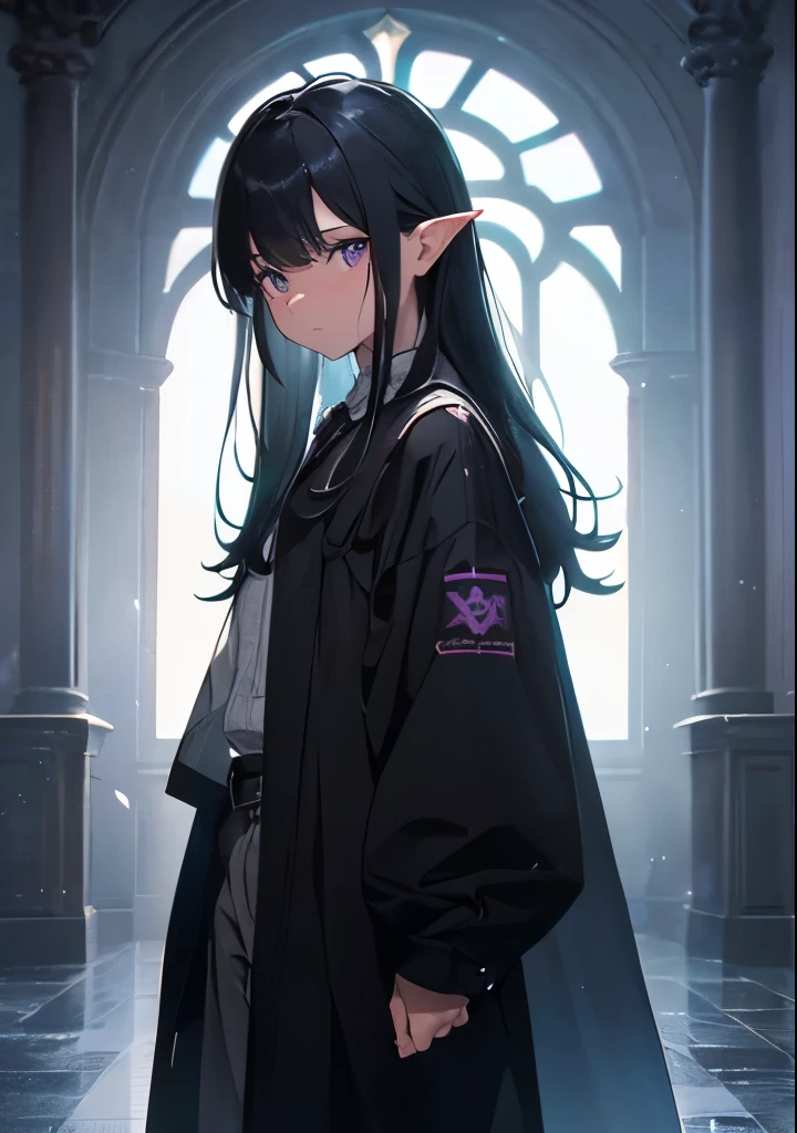 (best quality,high resolution,Super detailed,Practical:1.2)Super detailed,Practical:1.37,high resolution,HDR,Studio Lighting,Super Fine,Clear focus,Physically Based Rendering,Extremely detailed description,professional,Bright colors,Bokeh,official art,Little boy with black hair and purple eyes,,Pointed ears, medium long hair, Beautiful boy, prince, Describe in great detail, Exudes a dark aura, Similar to half demon, Standing in a mysterious scene of darkness and shadows, dressed as student, Dim lighting，Highlighting the boy&#39;s ethereal presence.