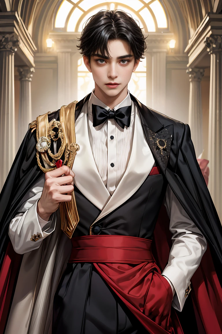 masterpiece, 最high quality, high quality, 1 boy, alone, male focus, looking at the viewer, whole body, Winning spirit_destiny, Messy black hair, blue adorable big eyes, white people, Noble, Noble, Noble-like Vampire、An elegant tuxedo,A very large, very tall stand-up collar, a very large, very long, long cape that reaches down to the floor, made of a lot of fabric, red and black., 17 years old,cute beautiful boy,cute cute handsome boy
