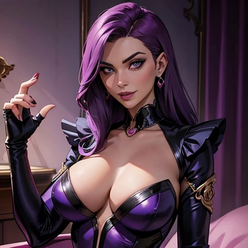 **Image Prompt:**
Illustrate a captivating modern Euro comic-style depiction of a purple-haired woman exuding allure and mystery. Her high cheekbones and sultry expression convey confidence and intrigue, drawing the viewer's attention.
**Physical Description:**
The woman possesses striking violet eyes that shimmer with intensity, complementing her purple hair. Her attire consists of luxurious silks in shades of purple and gold, tailored to accentuate her sexuality and sophistication. ((Sinister smile))
**Style:**
Embrace the stylized aesthetics of modern Euro comics, with bold lines and vibrant colors that bring the character to life. Employ dynamic poses and dramatic lighting to enhance the sense of mystery and allure surrounding her.
**Backdrop:**
Set the scene against a backdrop of opulent surroundings, hinting at the woman's affluent lifestyle and enigmatic persona. Intricate patterns and decorative elements further emphasize her elegance and refinement.
**Overall Impression:**
The image should evoke a sense of fascination and allure, inviting the viewer to unravel the mysteries of this captivating character. Balancing sensuality with sophistication, she embodies the essence of modern Euro comic heroines. Emphasize her knowing expression, with a hint of sinister intent.