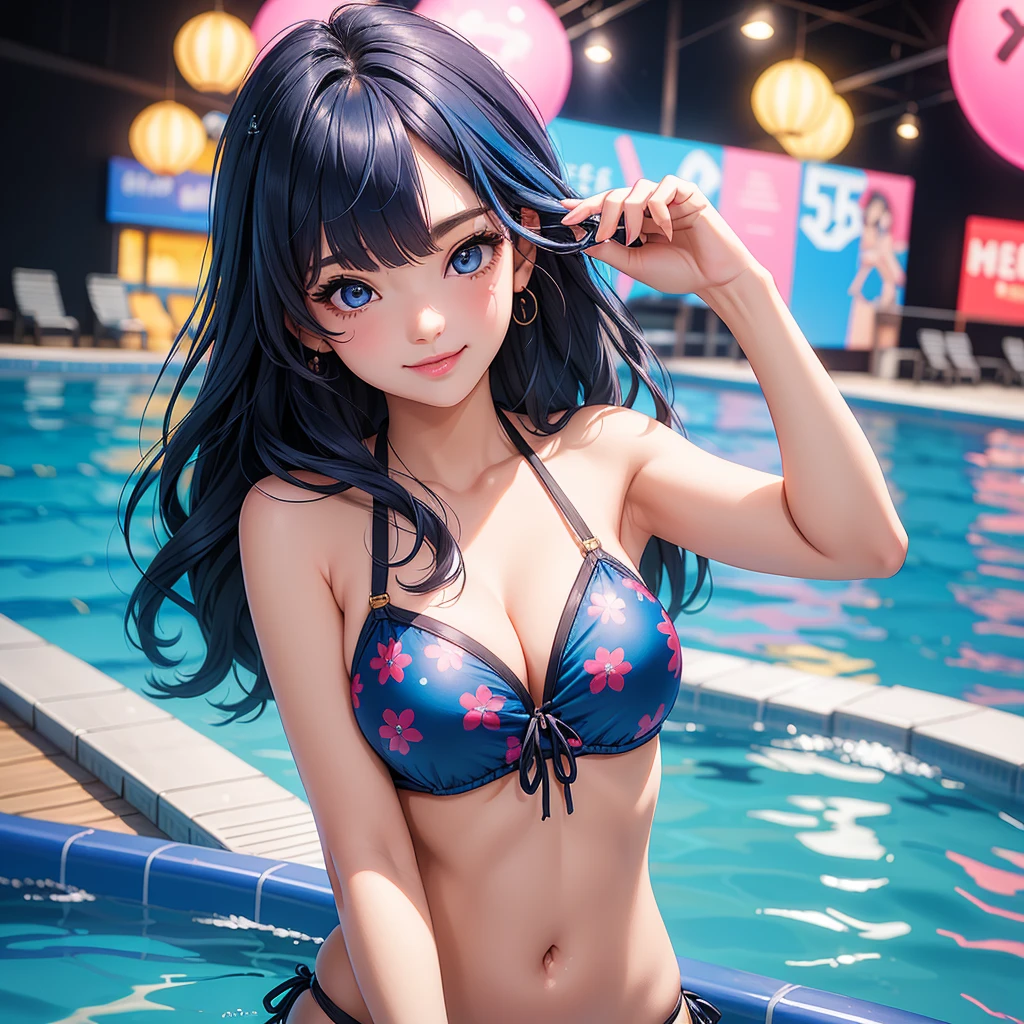girl、(((one person)))、(bikini:1.3、Face Enhancement:1.3, )、、Detailed Hair、Blue Hair、Wink、Close one eye、upper body、highest quality、Super detailed、Very detailed、Detailed Background、C cup bust、A light smile、Competition Pool